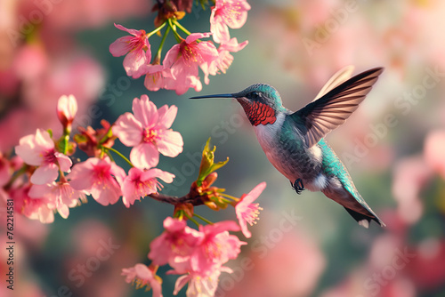 hummingbird in flight while feeding honey on pink blossom flower in morning