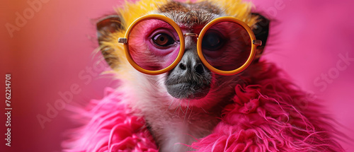 This captivating image shows a monkey adorned with humorous oversized pink glasses against a reddish backdrop