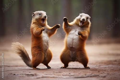 Funny dancing squirrels in park. Generative AI © Nomad_Soul
