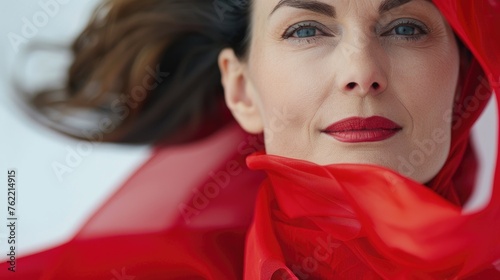 A woman exudes elegance and serene contemplation, enveloped in the luxurious folds of a scarlet fabric or wrapped in a red silk scarf. World Menopause Day. Menopause skincare, beauty and wellbeing