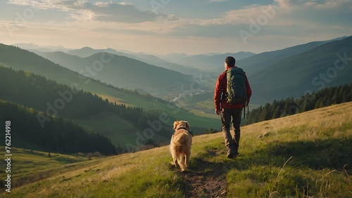 Man with backpack and dog on the trail in the Carpathian mountains