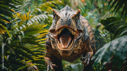 A fearsome dinosaur emerging from dense prehistoric foliage