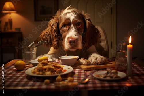 Dog savoring homemade food in a living room in the evening. Generative AI © Nomad_Soul