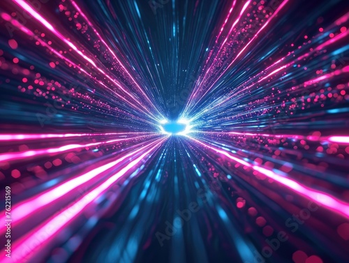 Vibrant image of colorful light trails, symbolizing traffic with luminous neon beams. Illustrates hyperspace journeys in a time-travel context. AI.