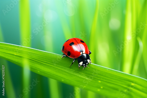 Ladybug perched on a blade of grass, its bright red shell contrasting against the lush green background. Generative AI