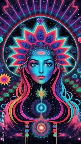 Astral meditation, a woman with third eye sacral practice in psychedelic neon lights colors, concept of spirituality and healing. Vertical video.