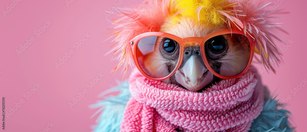 A penguin exudes coolness with sunglasses and a yellow jacket against a pink background, highlighting its playful character