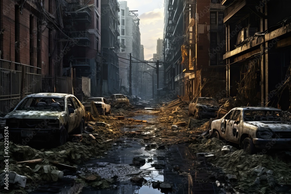 Eerie Post apocalyptic street. City destruction. Generate Ai