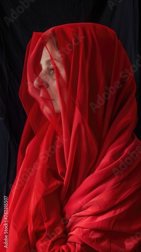 A mature woman enveloped in a translucent red veil, her eyes reflecting an ethereal mystique and a lifetime of stories, depth and vitality