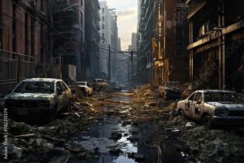 Eerie Post apocalyptic street. City destruction. Generate Ai