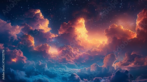 Fantasy sky with fluffy, glowing clouds under stars