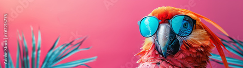 An exotic red parrot adorned with stylish blue sunglasses against a blue-toned background, illustrates tropical flair