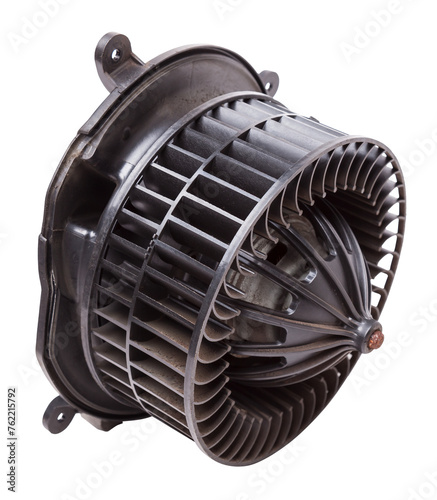 Heater fan - spare part and element of car air conditioning system on white isolated background. Auto service industry. Spare parts catalog.