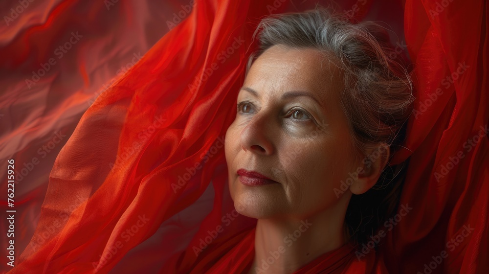A woman exudes elegance and serene contemplation, enveloped in the luxurious folds of a scarlet fabric. Confident beauty in midlife. World Menopause Day. Menopause skincare, beauty and wellbeing A woman exudes elegance and serene contemplation, enveloped in the luxurious folds of a scarlet fabric. Confident beauty in midlife. World Menopause Day. Menopause skincare, beauty and wellbeing