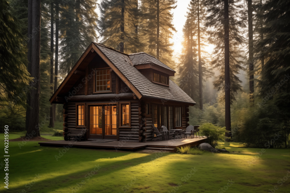 Cozy rustic wooden cabin in the forest. Generative AI Cozy rustic wooden cabin in the forest. Generative AI