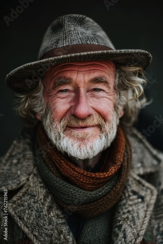 Elderly man smiling at camera. A close-up portrait of an elderly  man with a warm smile  wearing fashionable clothes.