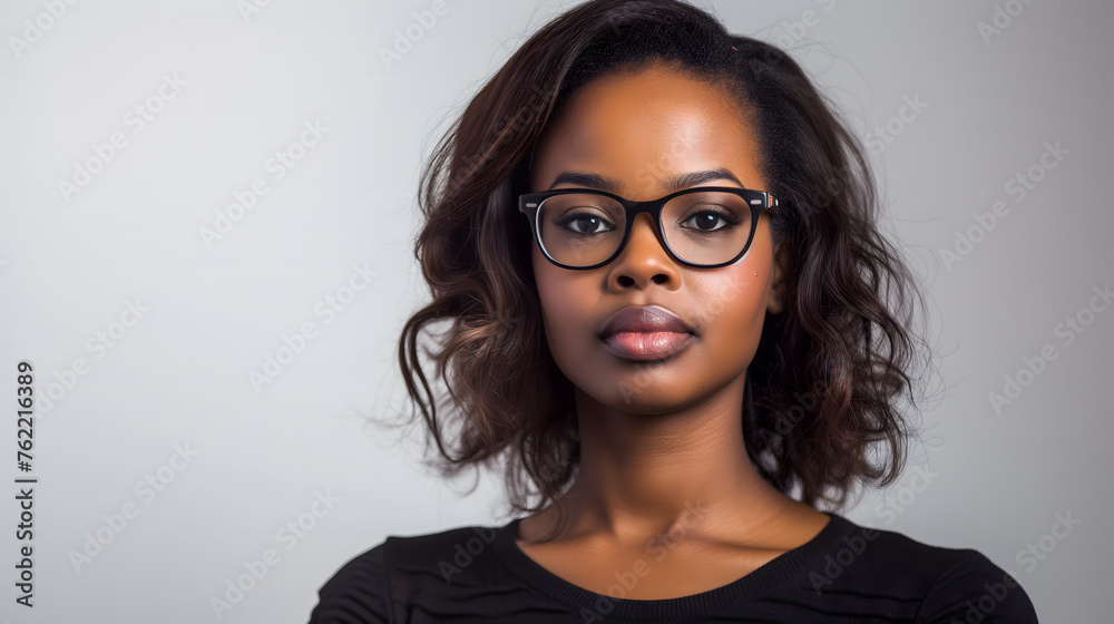 Une femme africaine portant des lunettes. - obrazy, fototapety, plakaty 