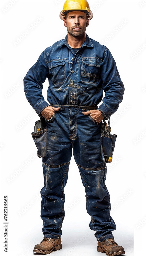 Construction Worker in Hard Hat and Overalls Construction Worker in Hard Hat and Overalls