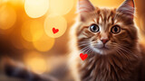 red cat in close-up and the shape of a red heart on a blurred background, a copy space. A greeting card is a symbol of love