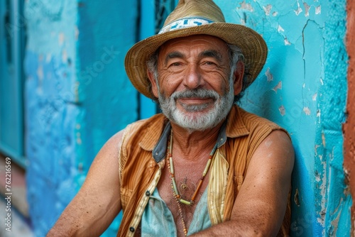 Elderly man smiling at camera. A close-up portrait of an elderly, man with a warm smile, wearing fashionable clothes. © Merilno