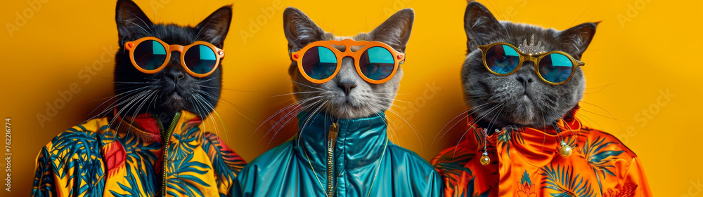 Three chic cats steal the show with their sunglasses & vivid tropical jackets against a neutral background