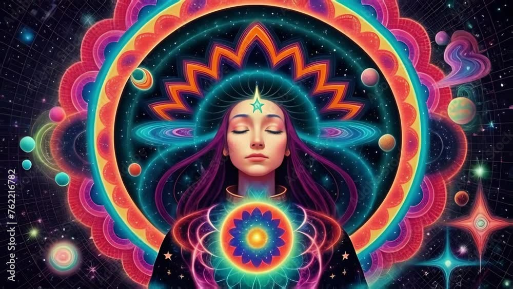 Astral meditation, a woman with third eye sacral practice in trance, neon lights colors, concept of spirituality and healing.