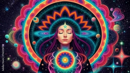 Astral meditation, a woman with third eye sacral practice in trance, neon lights colors, concept of spirituality and healing.