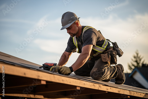Worker roofer installing shingles atop a new structure. Generative AI