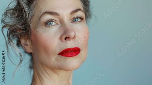 Sophisticated and elegant middle aged woman with striking red lipstick, embodying grace and timeless beauty. Confident beauty in midlife. World Menopause Day. Menopause skincare, beauty and wellbeing