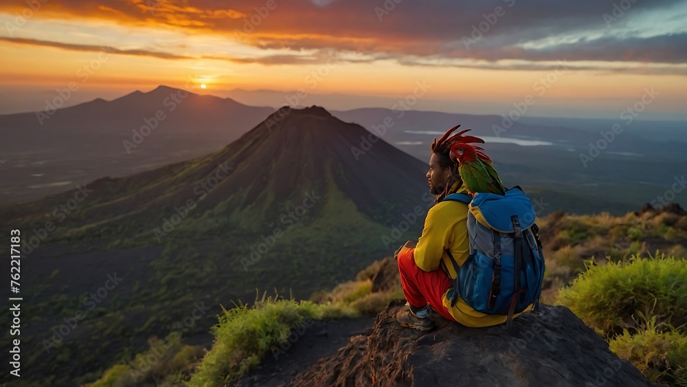 hiker sitting on top of Mount Bromo volcano at sunrise