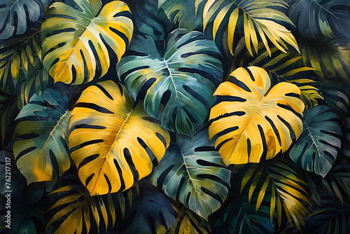 Tropical leaves Monstera background. Flat lay, top view 