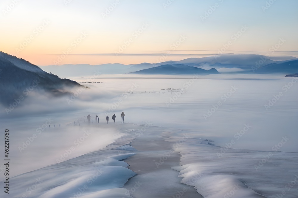 frozen and foggy landscape of Kussharo lake Generative AI