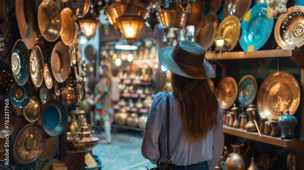 Young traveling woman visiting a copper souvenir handicraft shop in Marrakesh, Morocco - Travel lifestyle concept:: -