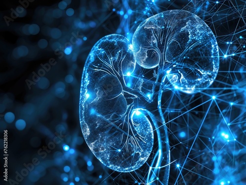 Kidney hologram. Anatomical structure of kidney organs in the form of points and lines that glow. The concept of diseases of the organs of the excretory system. Modern technologies and medicine. AI