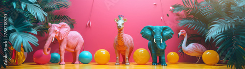 Colorful jungle animals figurines among vibrant balloons in a stylized setup