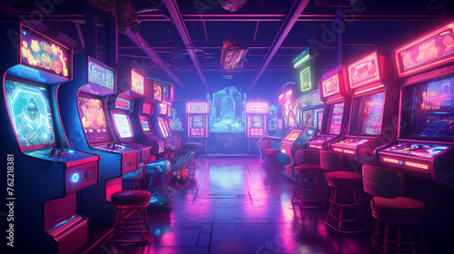 Neon-Lit Arcade Room with Retro Gaming Machines