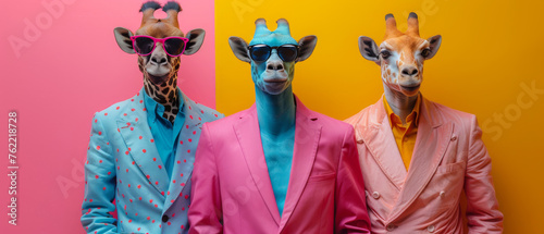 Three giraffes with human bodies in suits and sunglasses stand against a two-tone background, creating a quirky and surreal visual photo
