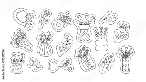 Vase with flowers in doodle style set.