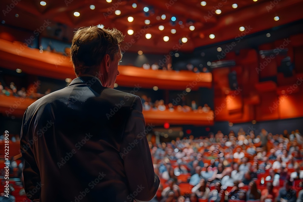 Speaker delivers engaging presentation to large audience in conference hall setting. Concept Conference Presentations, Public Speaking, Engaging Audience, Large Venue, Presentation Skills