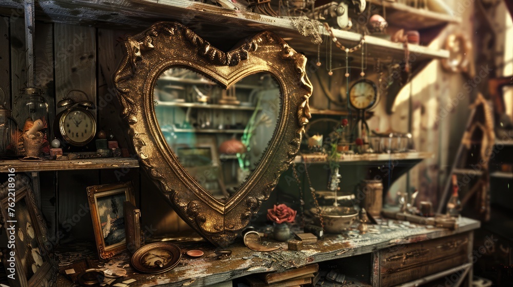 Amongst shelves of forgotten treasures, a heart-shaped golden photo frame glistens with memories of love and laughter.