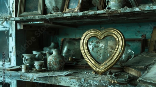 Amongst shelves of forgotten treasures, a heart-shaped golden photo frame glistens with memories of love and laughter.