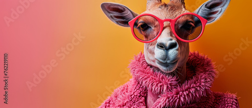 A digitally altered image of a llama wearing earrings and a pink fur giraffe on an orange background photo
