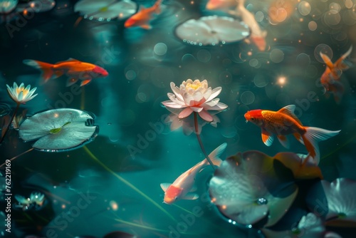 A group of goldfish swim in a pond with lily pond
