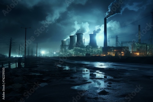 Productive Big factory function. Large powerful power station dark and scary city night. Generate AI