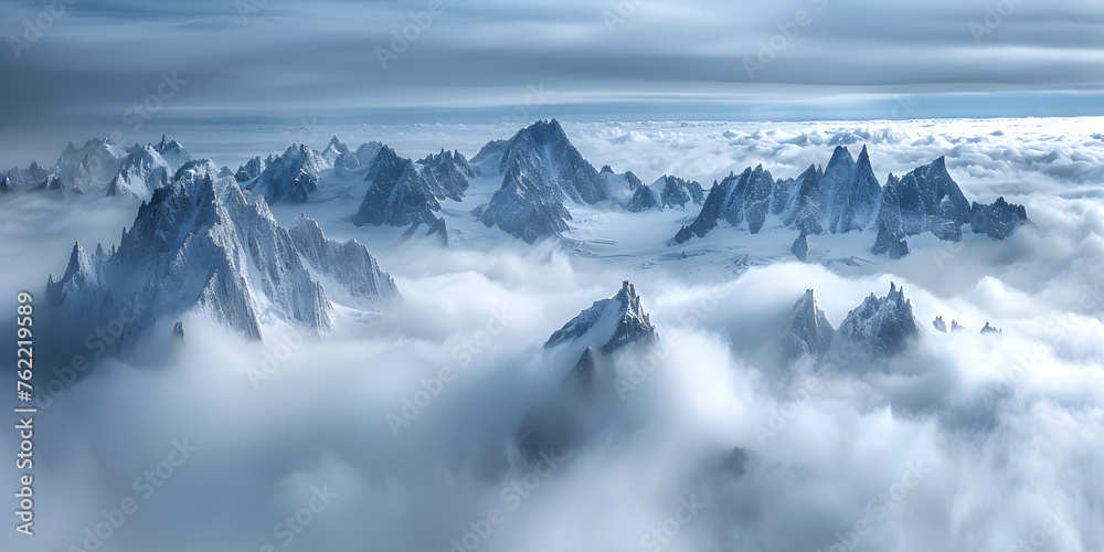 Fantastic panoramic aerial view of snow mountain peaks in clouds