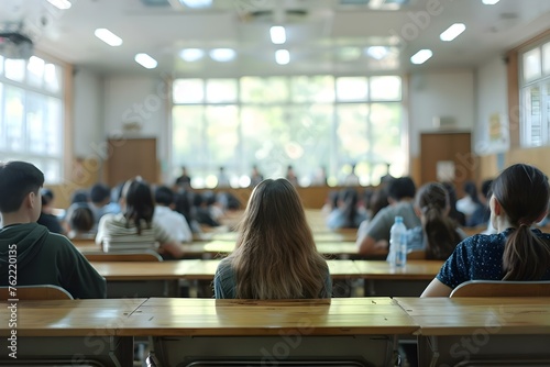 Blurry classroom filled with students and desks in academic learning environment. Concept Classroom, Blurry, Students, Desks, Academic Learning © Anastasiia