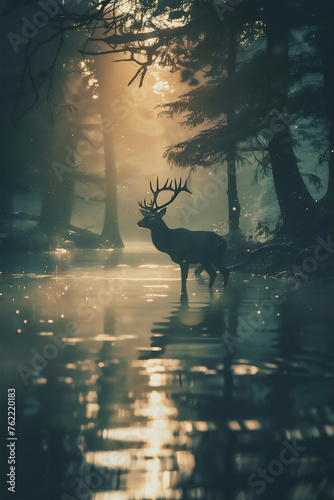 Silhouette of wild Male deer by the river in deep forest at misty morning light © Maizal