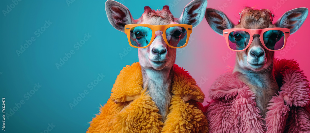 Two llamas with human bodies don eccentric coats and sunglasses, creating an amusing and artistic composition