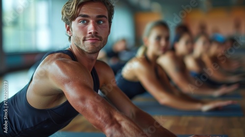 Focused mixed gender group during a Pilates class in a bright studio