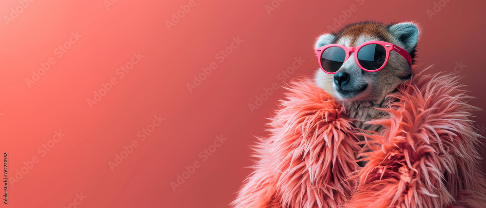 Hip animal character in trendy glasses and scarf against a red gradient
